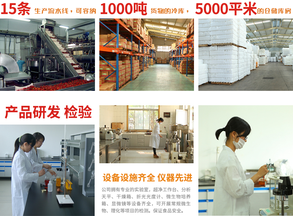 产品研发与检测：15条果汁果酱生产线、1000吨原料库、5000平方米厂房